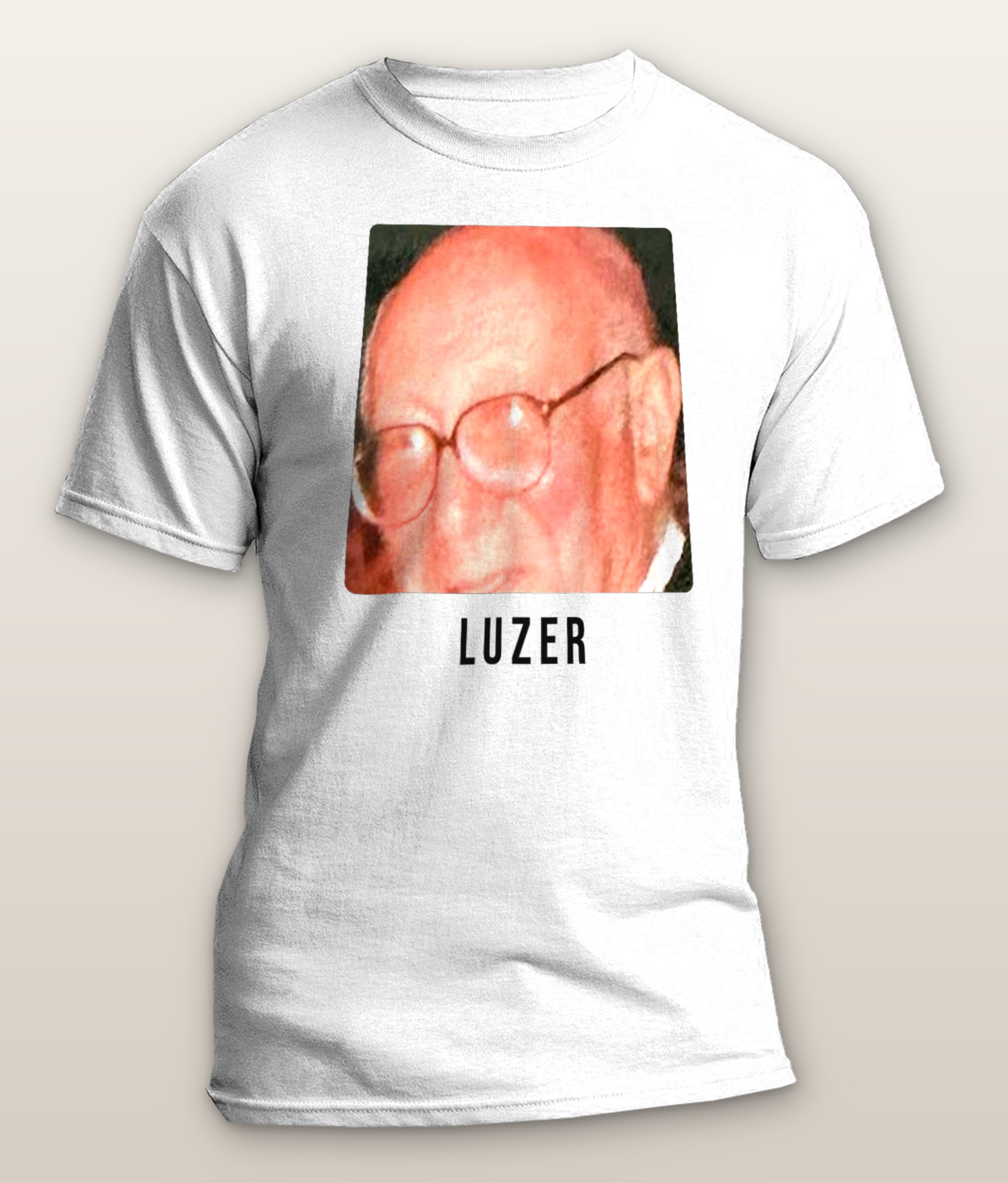 White tee with Grandpa Luzer's smile and the word LUZER